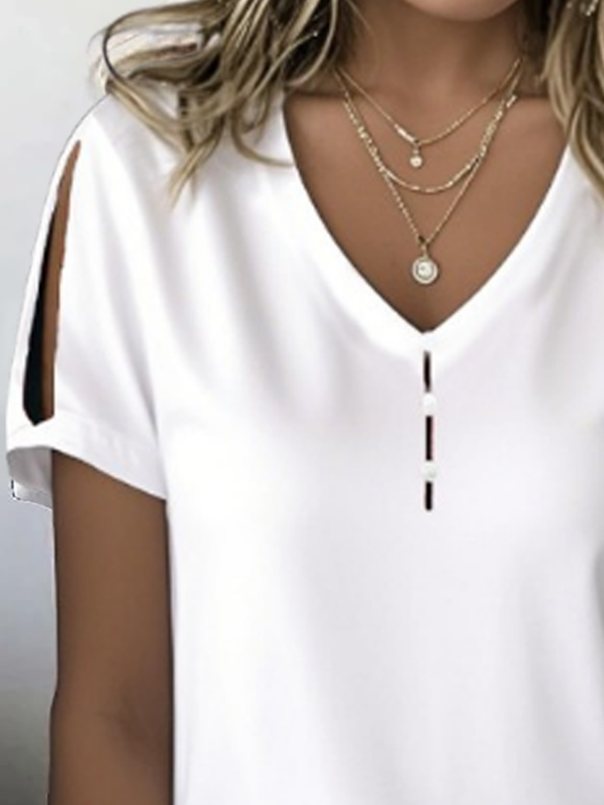 Women's Pearl Button V-Neck Short Sleeve T-Shirt