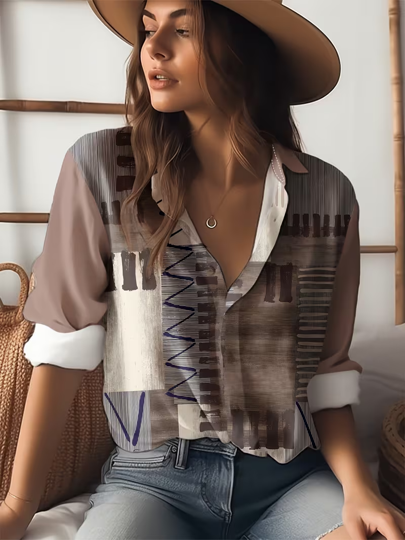 Women's Long Sleeve Shirt Spring/Fall As Picture Abstract Buckle Shirt Collar Regular Sleeve Daily Going Out Casual Top
