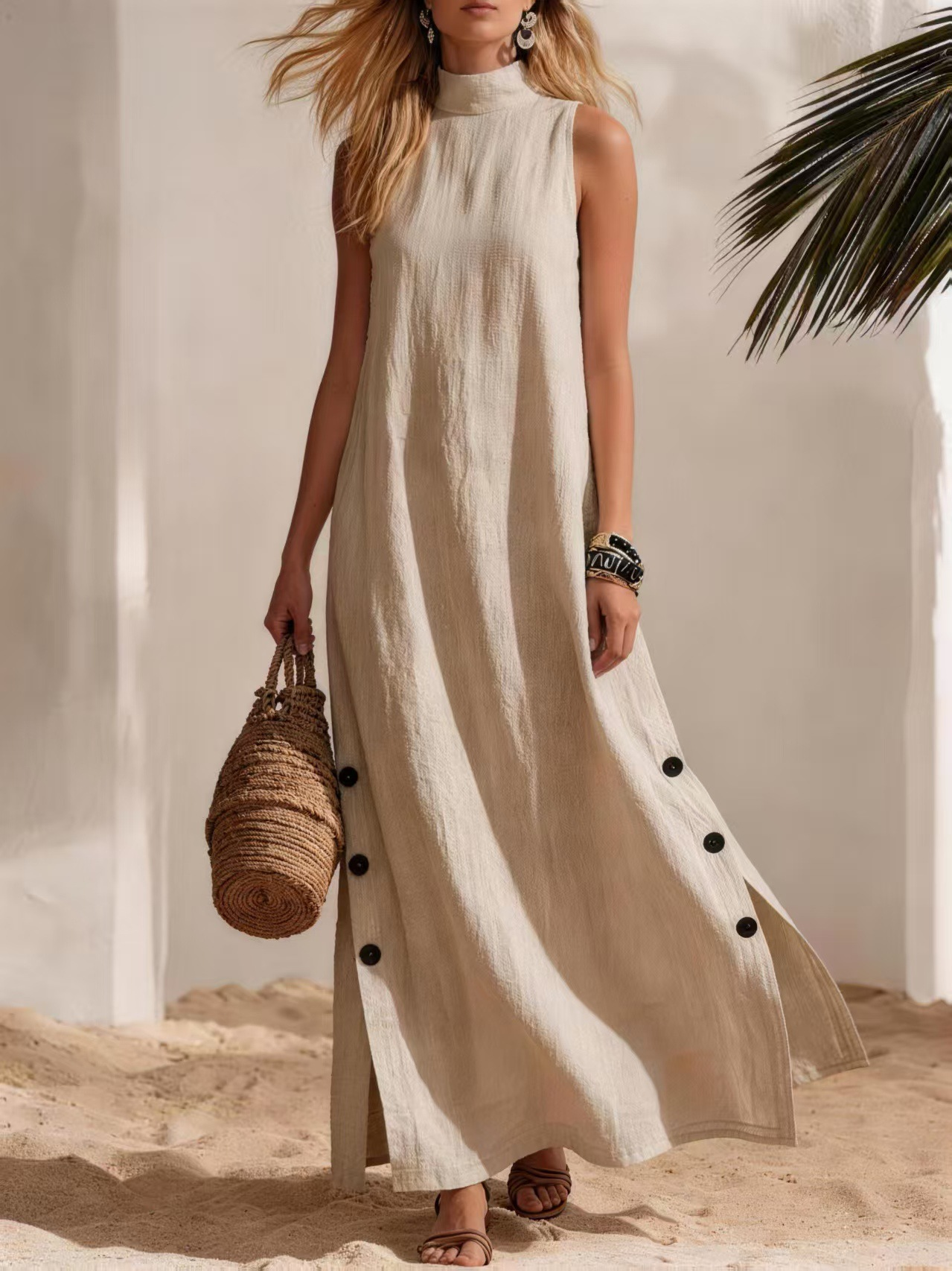 Casual Color Block Buttoned Mock Neck Maxi Dress