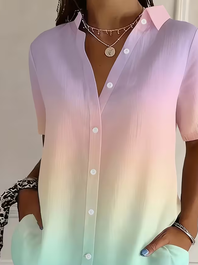 Women's Short Sleeve Shirt Summer As Picture Ombre Printing Shirt Collar Daily Going Out Casual Top