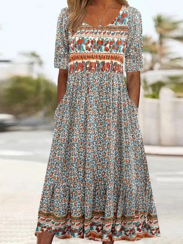 Regular Fit Cotton Crew Neck Boho Dress With No