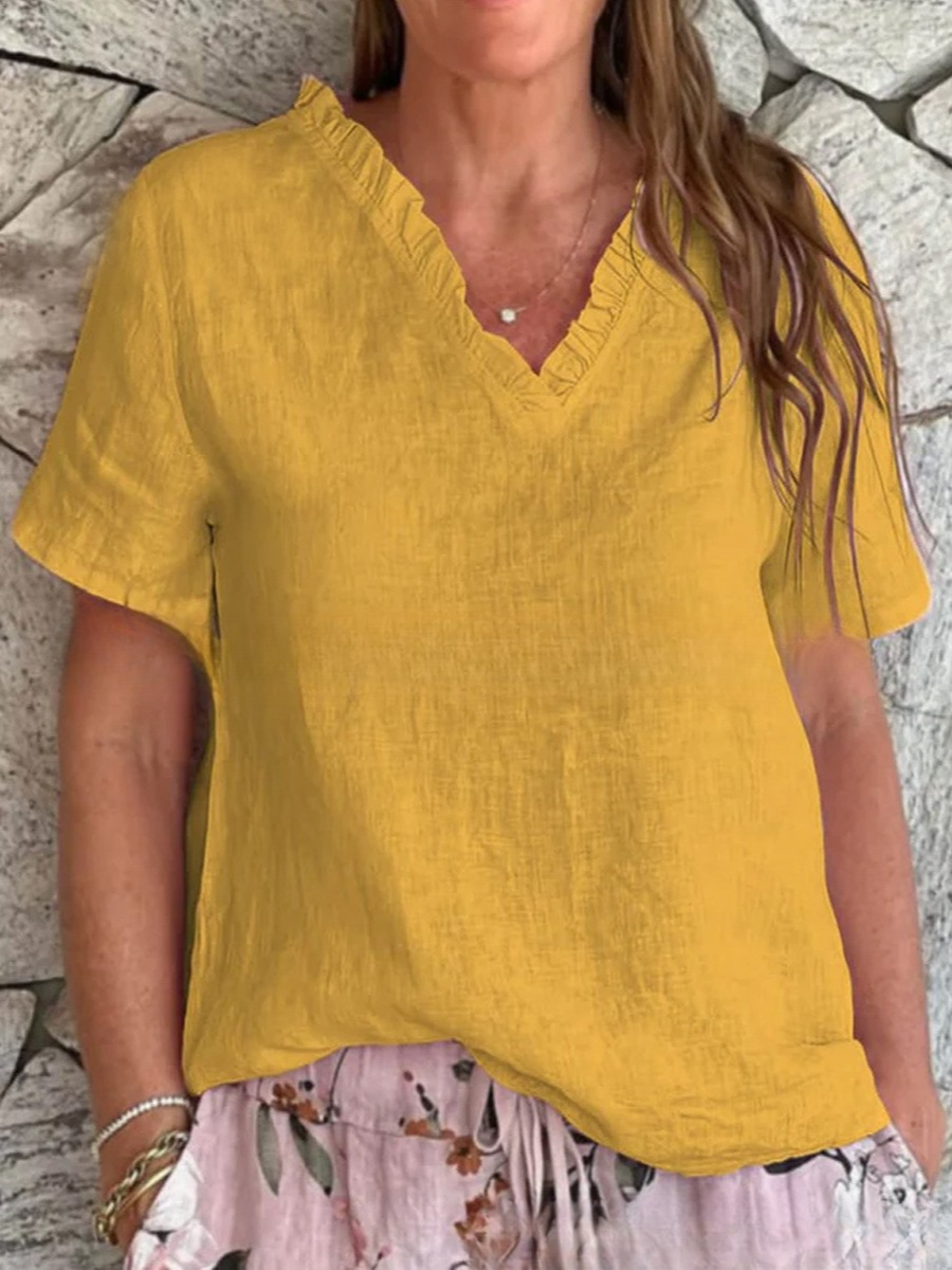 Women's Short Sleeve T-shirt Summer White Plain Split Joint Cotton And Linen V Neck Daily Going Out Casual Top