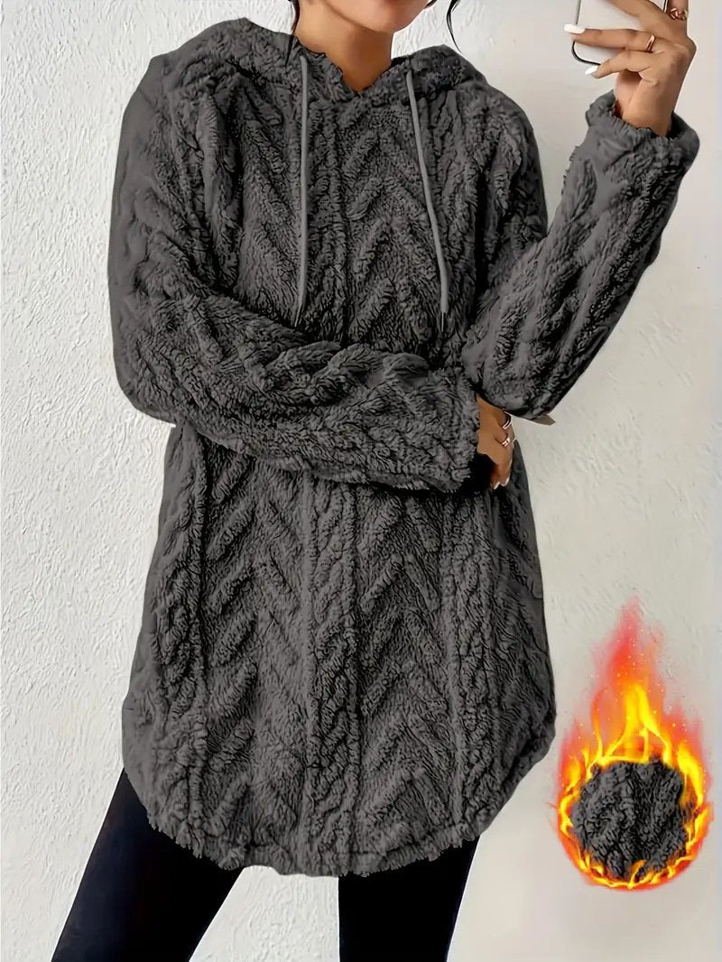Women's Solid Color Hooded Long-Sleeved Plush Mid-Length Sweatshirt