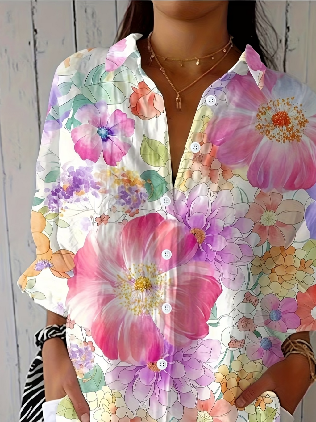 Women's Three Quarter Sleeve Shirt Spring/Fall As Picture Floral Printing Shirt Collar Daily Going Out Casual Top