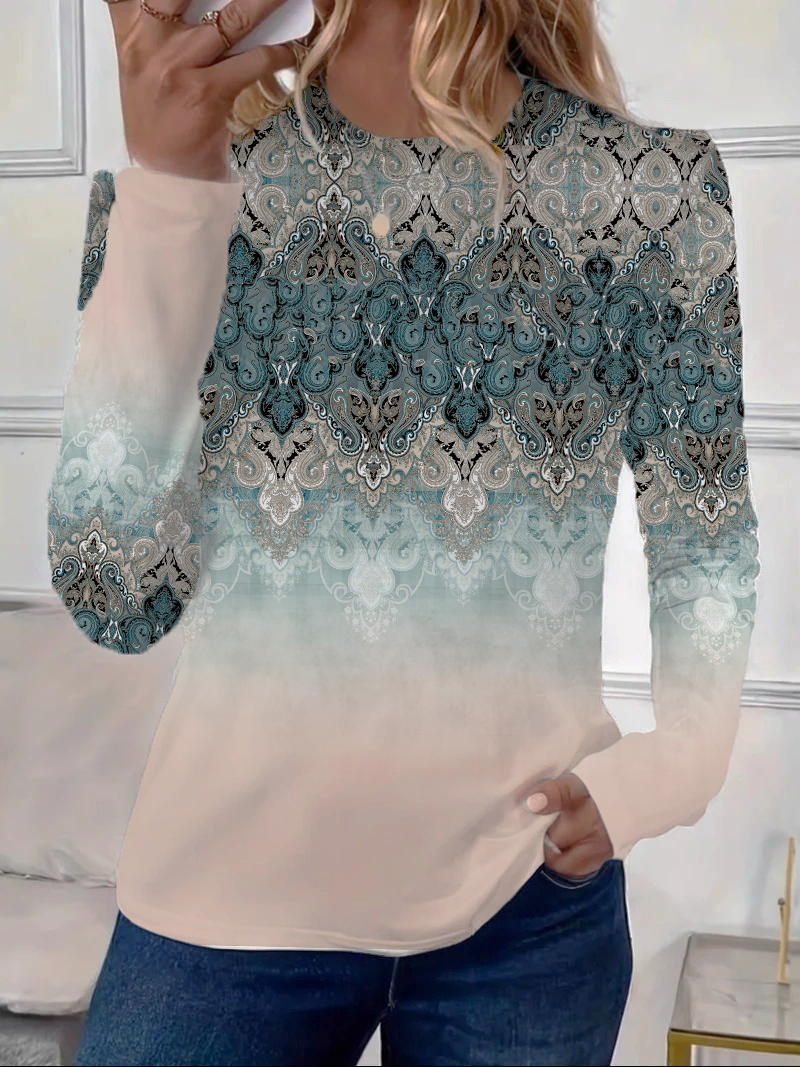 Women's Floral Spring Print Casual Round Neck Long Sleeve T-Shirt