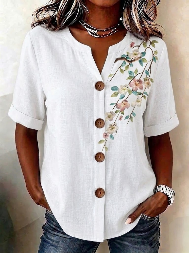 Floral Linen Blend Stand Collar Simple Loose Shirt