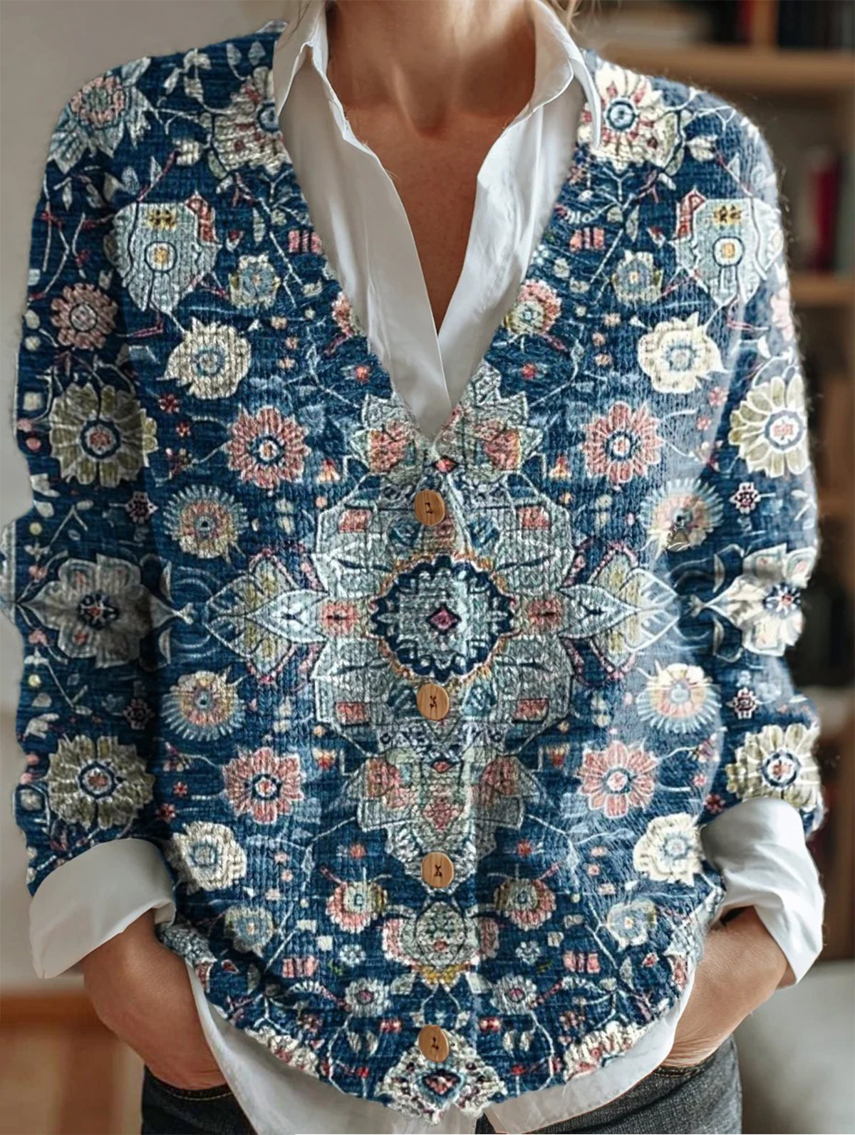 Vintage Ethnic Floral Art Print Buttoned V-neck Cardigan Sweater