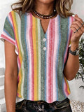 V Neck Loose Elegant Striped T-Shirt