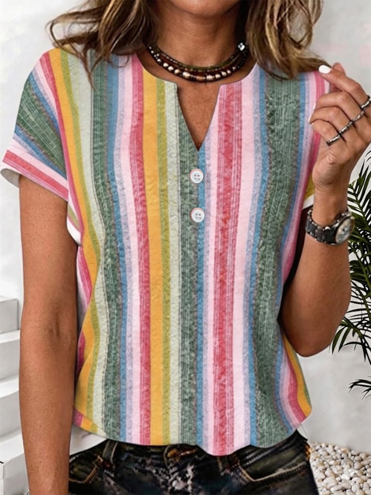 V Neck Loose Elegant Striped T-Shirt