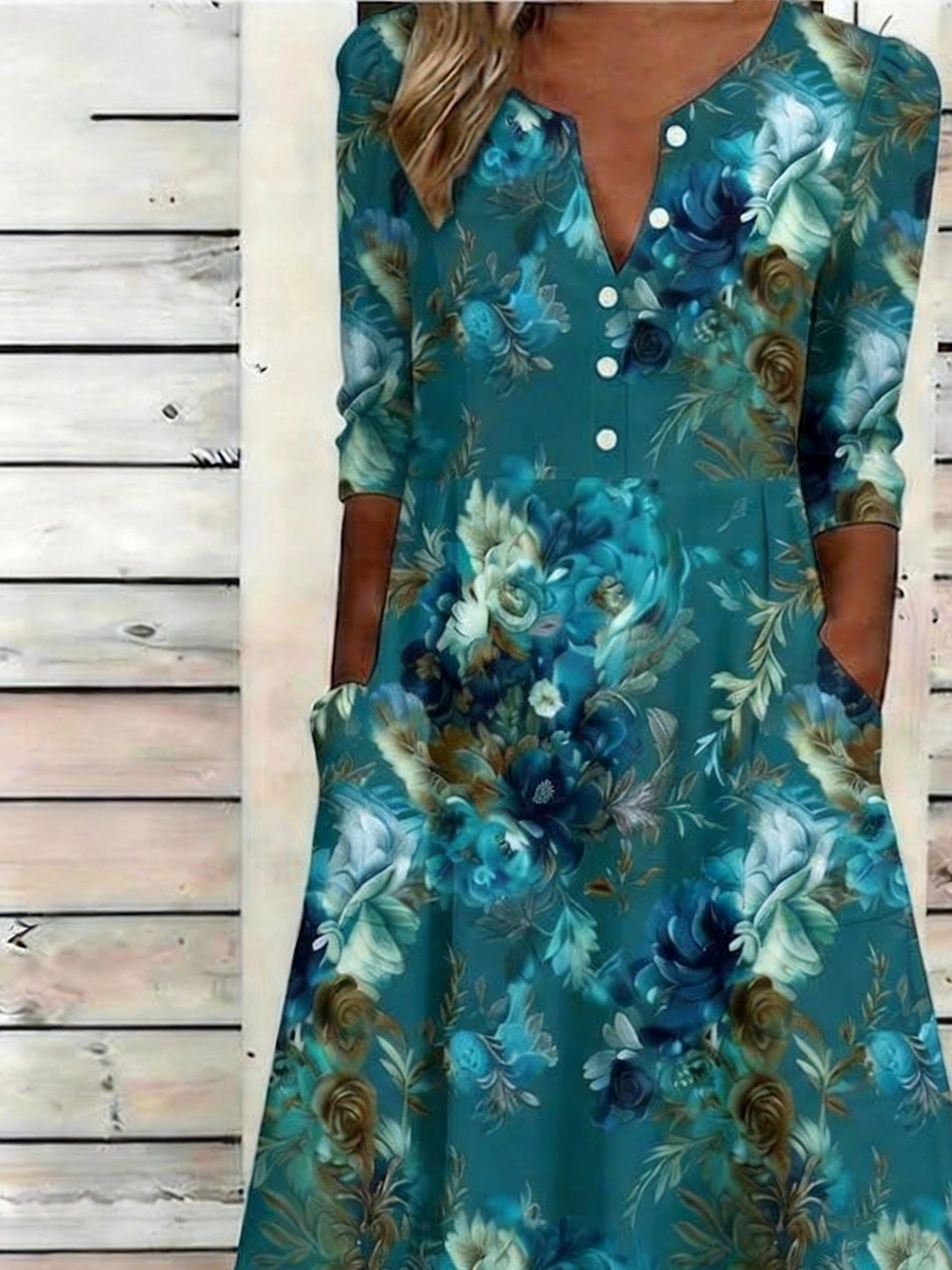 Floral Casual Loose Half Open Collar Dress With No