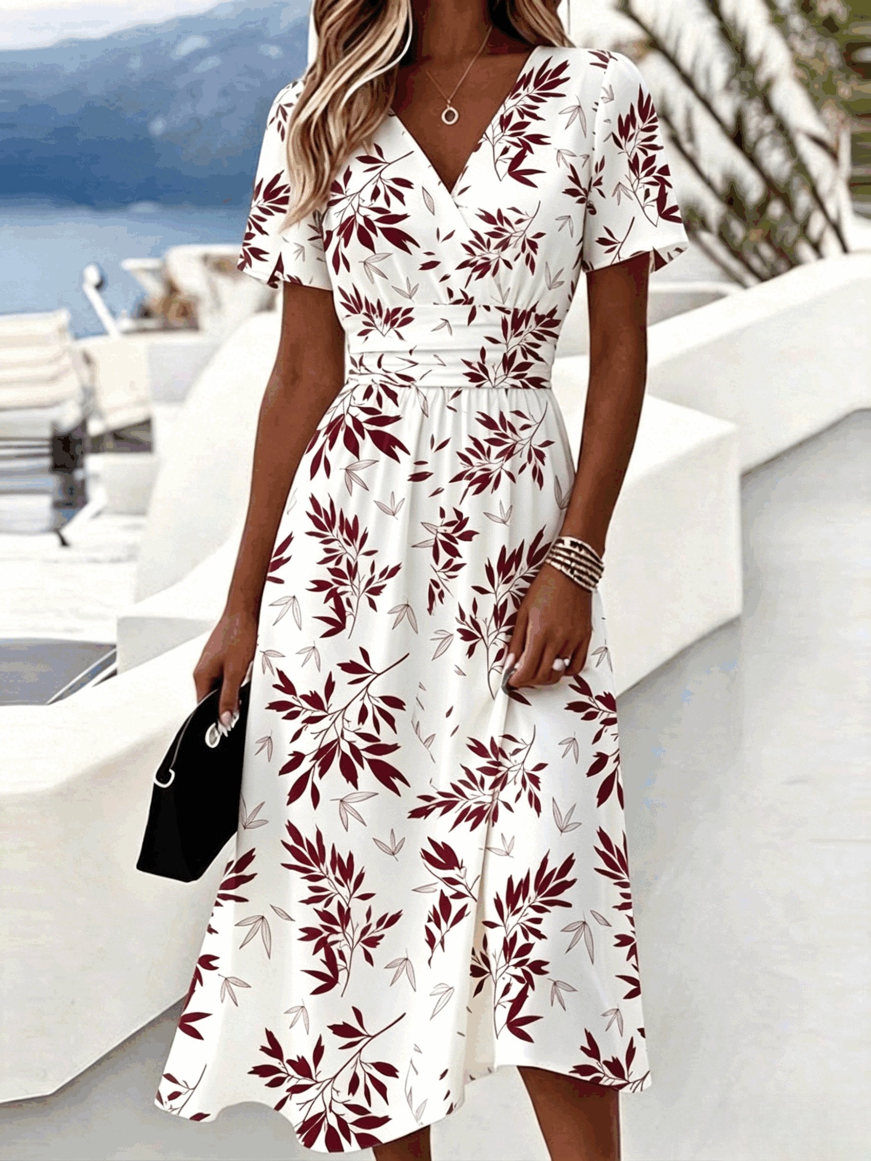 Leaf Print Wrap V Neck Midi Dress Short Sleeve High Waist A Line Flowy Casual Dress