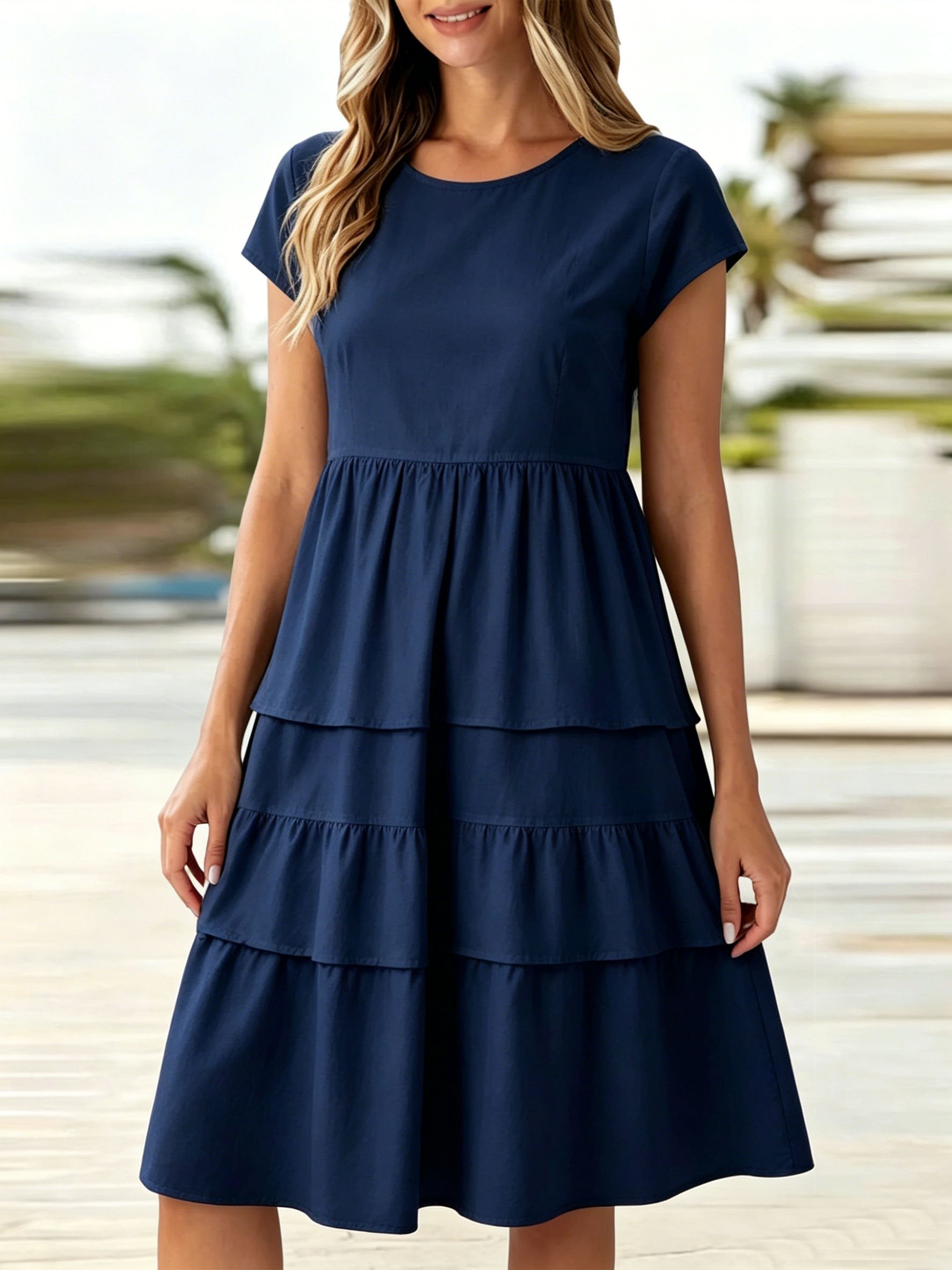Regular Fit Cotton-Like Crease Casual Crew Neck Cap Sleeve Plain Ruffle Hem Dress With No