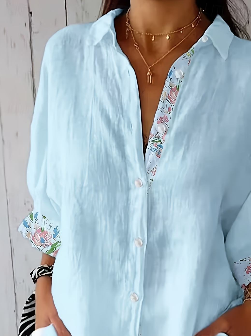 Women's Three Quarter Sleeve Shirt Spring/Fall Blue Floral Printing Shirt Collar Daily Going Out Casual Top