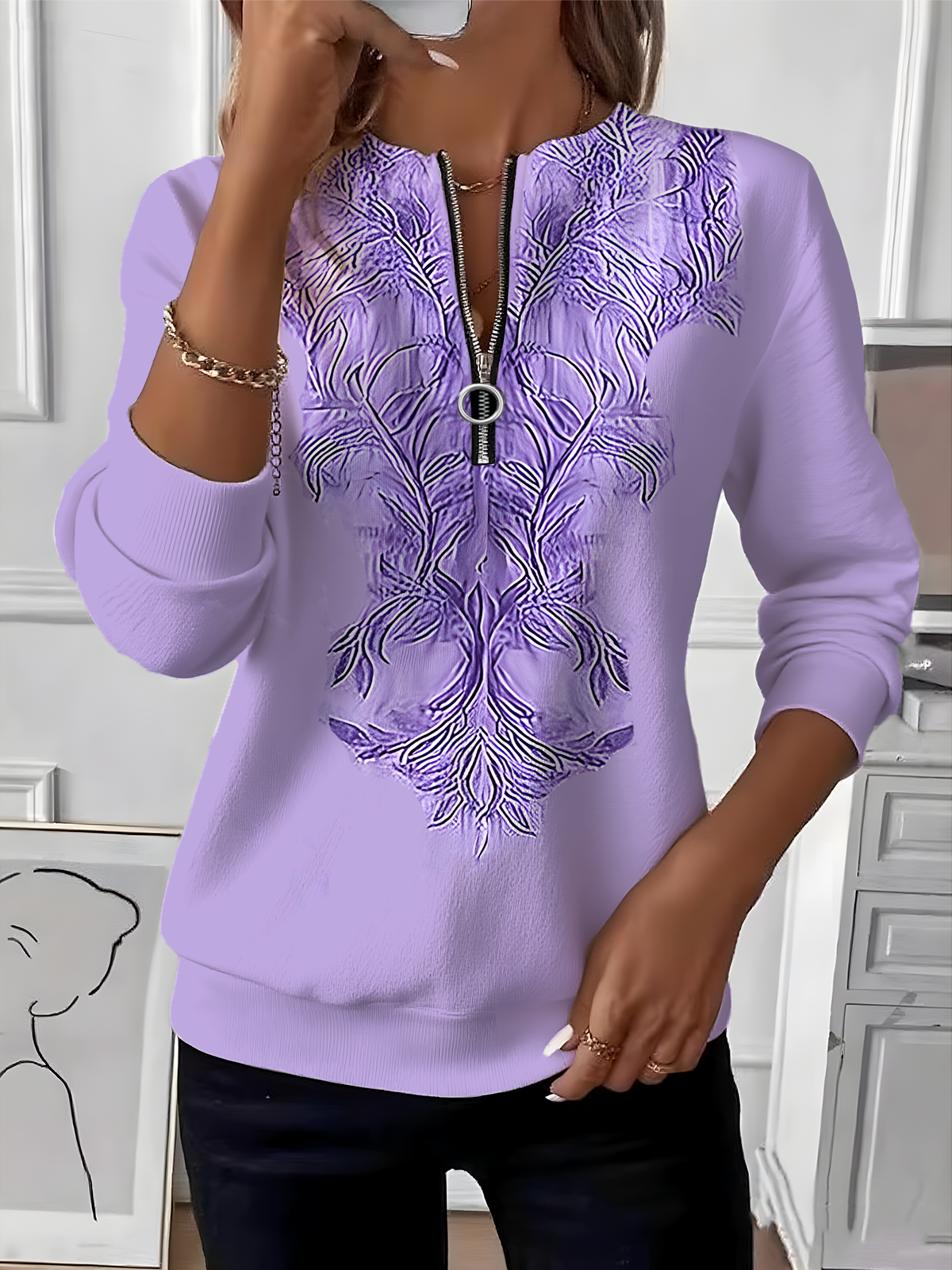 Women's Retro Art Graphic Design Everyday Long Sleeve Center Front Zip Sweatshirt