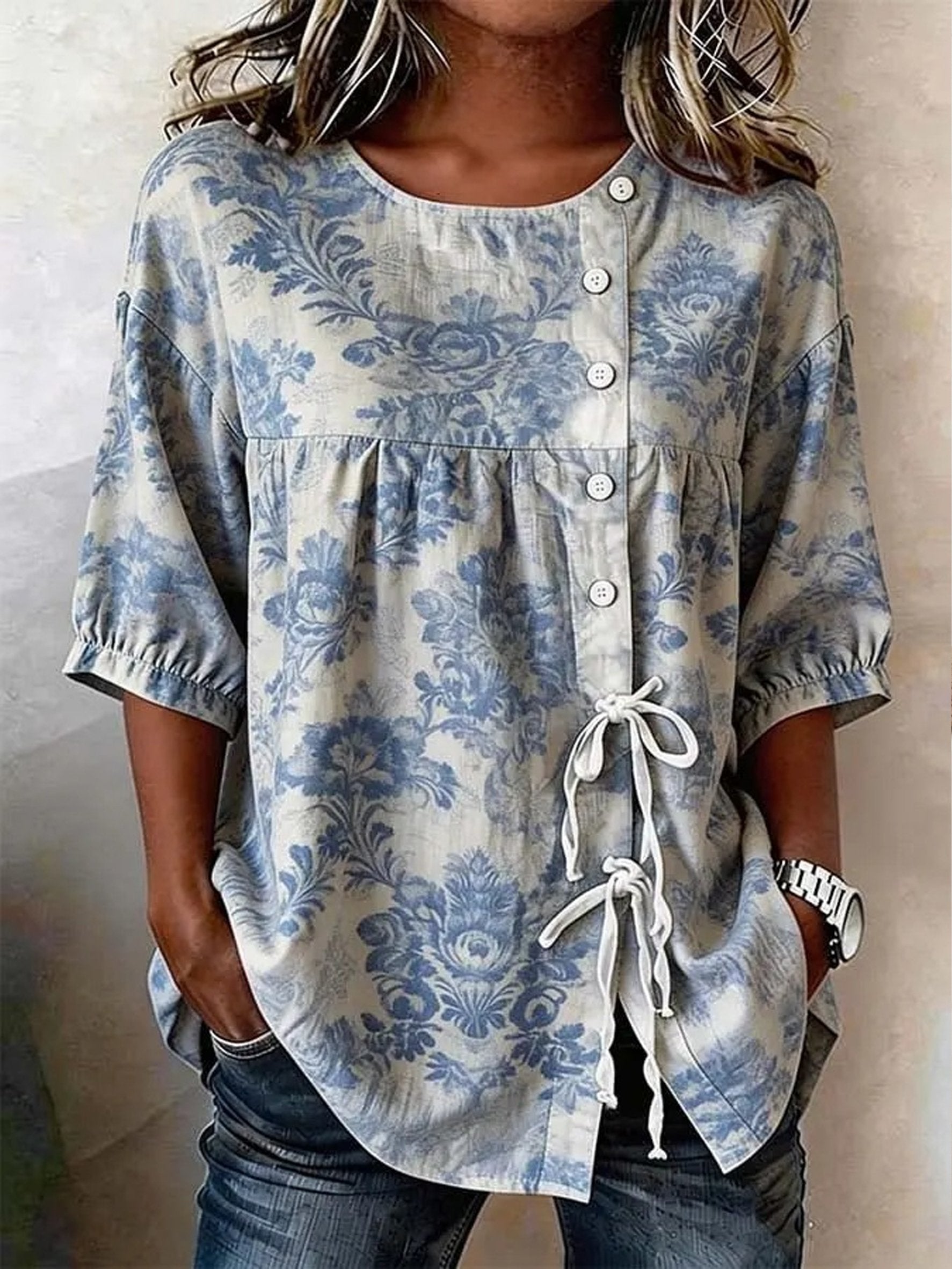 Polyester Cotton Floral Round Neck Short Sleeve Button Drawstring Casual Blouse