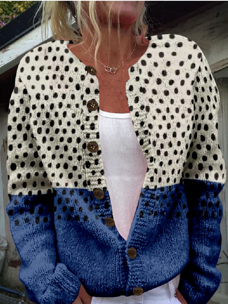 Women 3D Printing Casual Spring/Fall Knitted Micro-Elasticity Loose Long Sleeve Crew Neck H-Line Cardigans