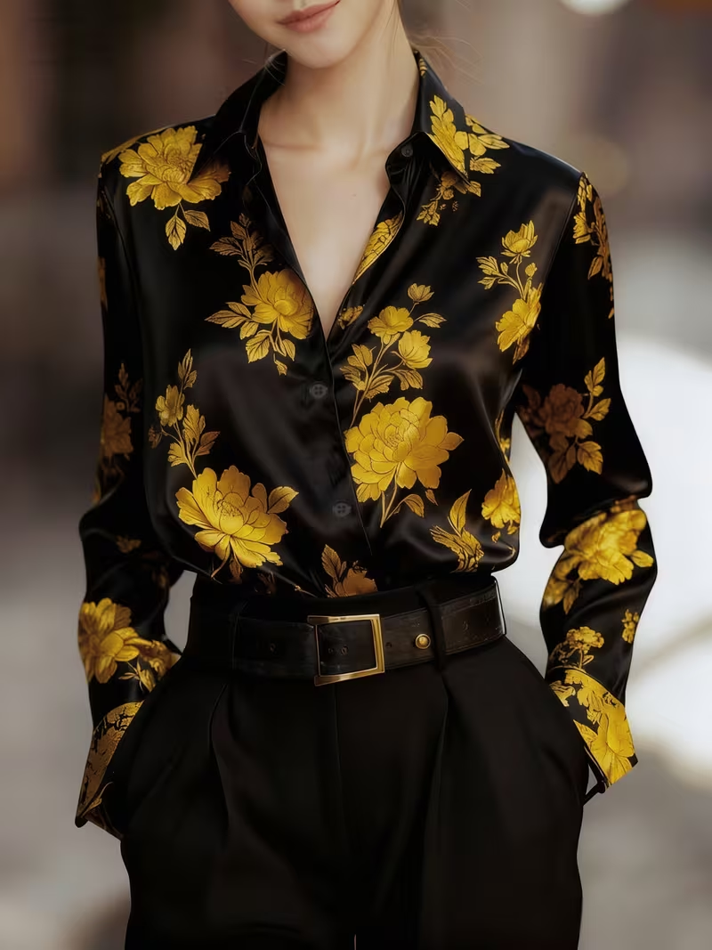 Women's Long Sleeve Shirt Spring/Fall Yellow Floral Shawl Collar Daily Going Out Casual Top
