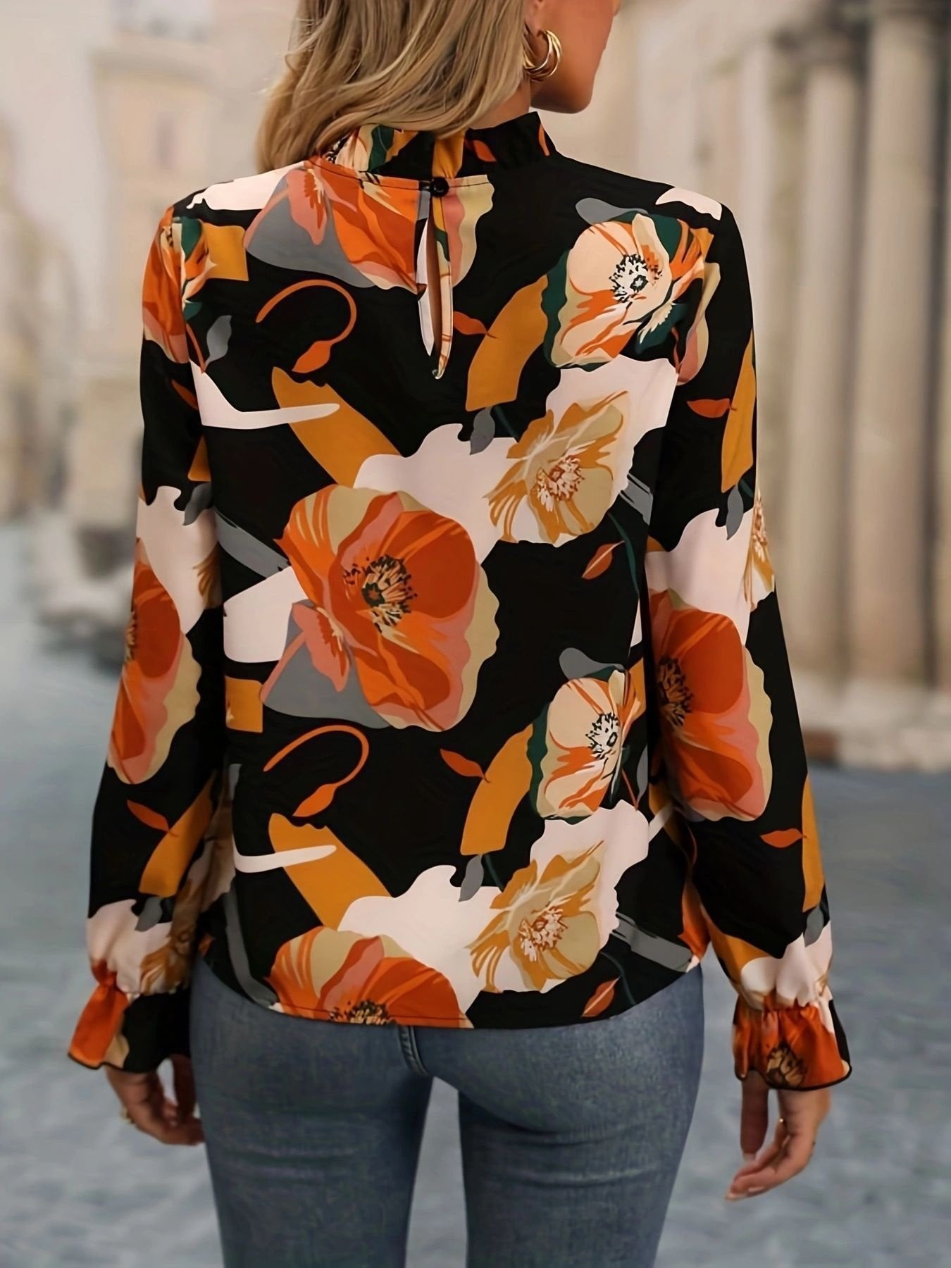 Women's Long Sleeve Shirt Spring/Fall flower Floral Split Joint Mock Neck Daily Going Out Casual Top
