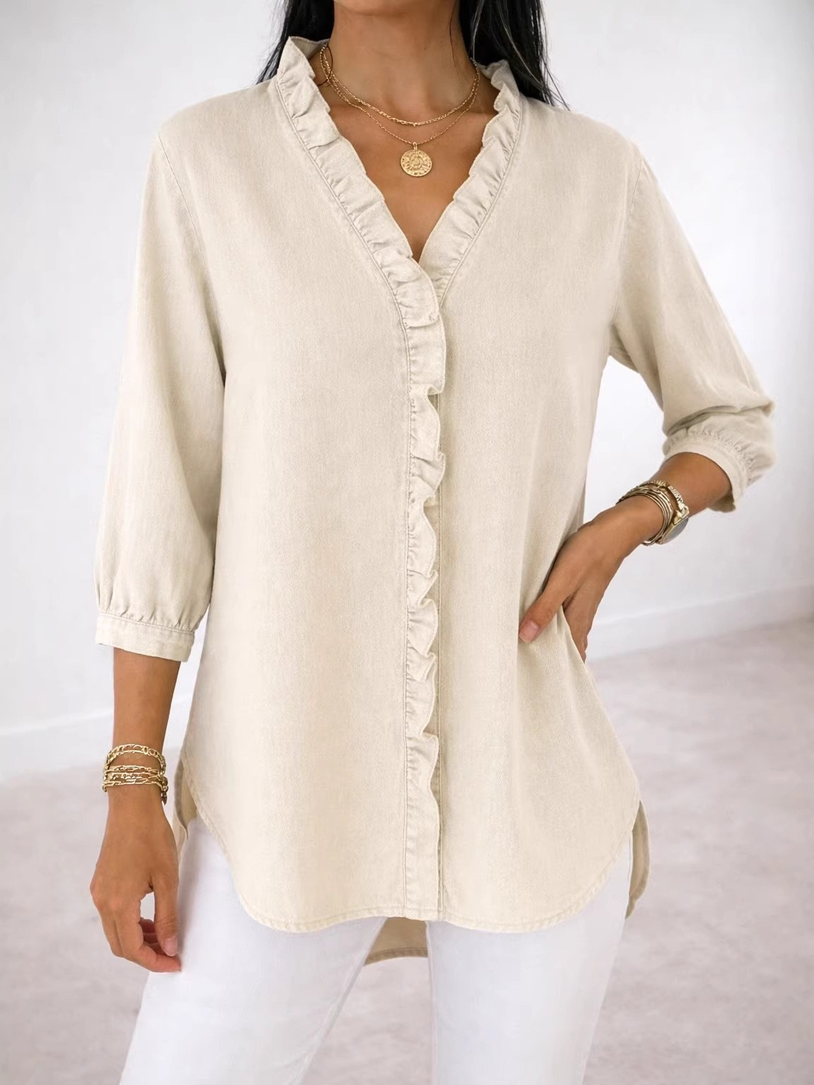 Denim Look/DenimEffect The Quarter Sleeve V Neck Ruffle Spring Summer Casual Blouse