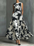 Abstract Printed Tight Round Neck Sleeveless Elegant Casual Maxi Dress