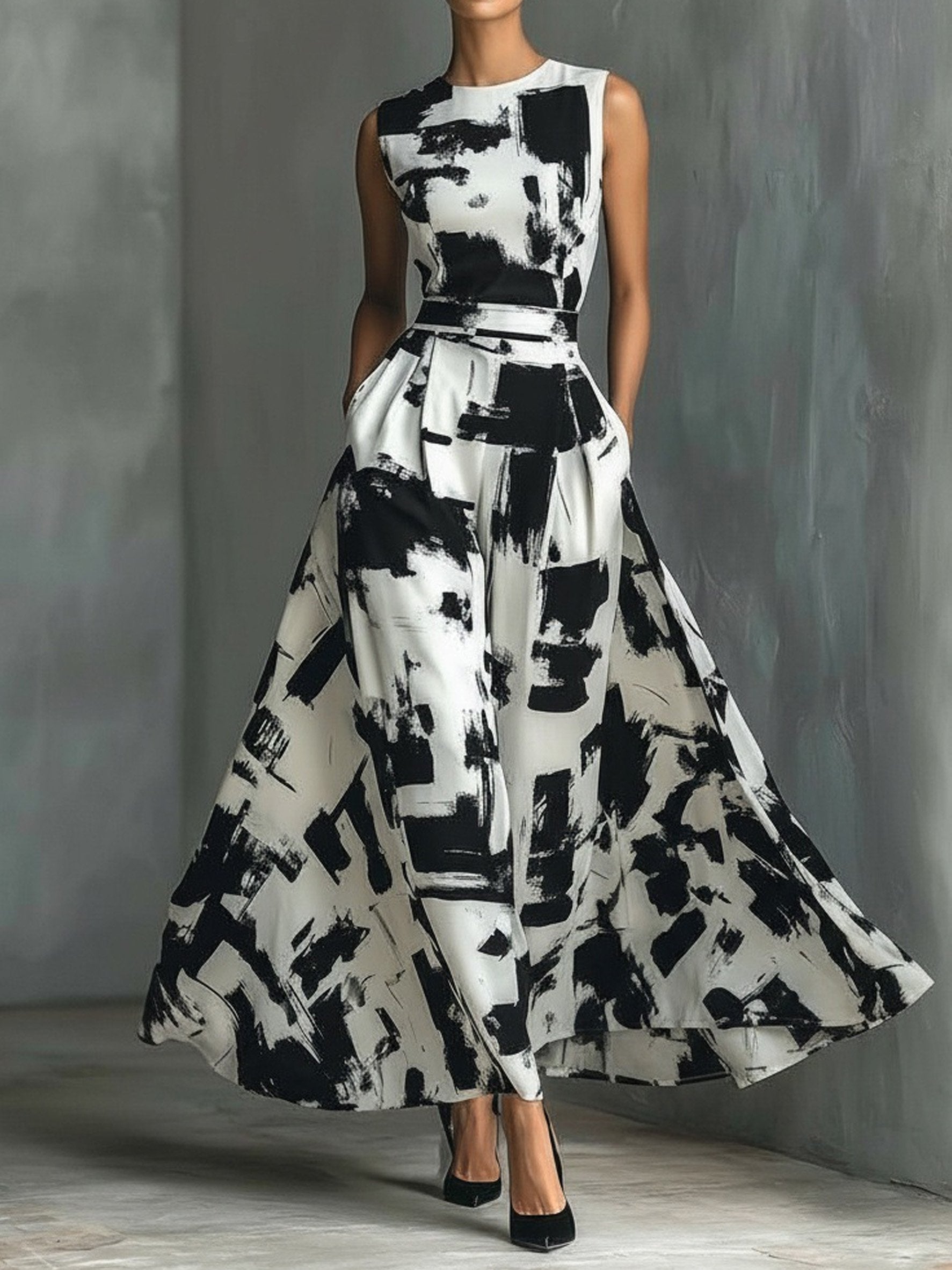 Abstract Printed Tight Round Neck Sleeveless Elegant Casual Maxi Dress