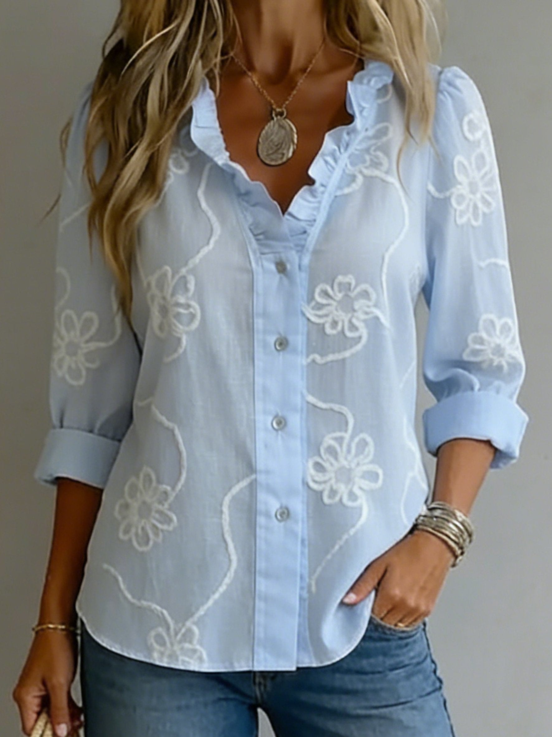 Women Elegant Ruffle Embroidery Patterns Floral The Quarter Sleeve V Neck Spring Summer Going Out Casual Blouse