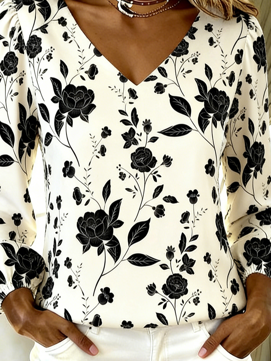 Floral Cotton V Neck Vintage T-Shirt