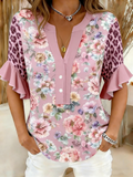Vintage V Neck Botanical Pattern Shirt