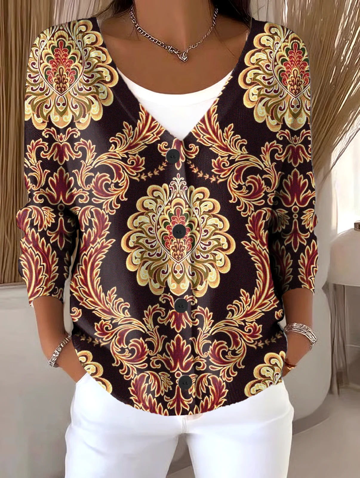 Loose Floral V Neck Vintage Cardigan