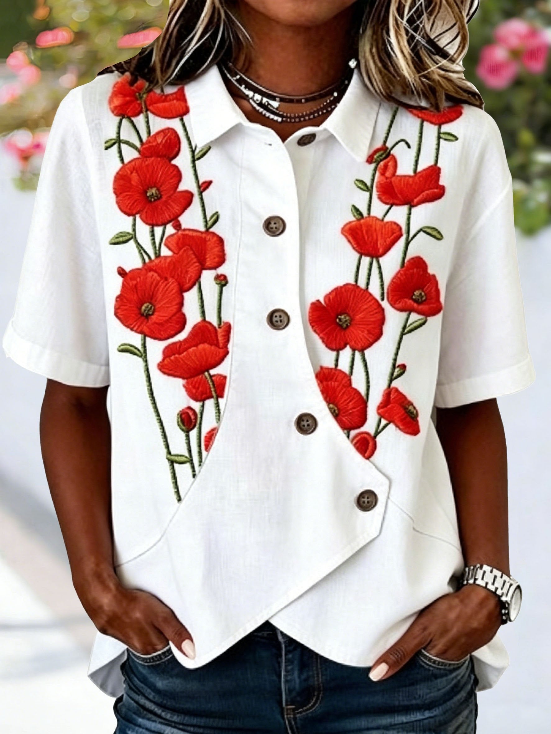 3D Printing Shawl Collar Short Sleeve Asymmetry Placket Design Button Summer Going Out Casual Shirt
