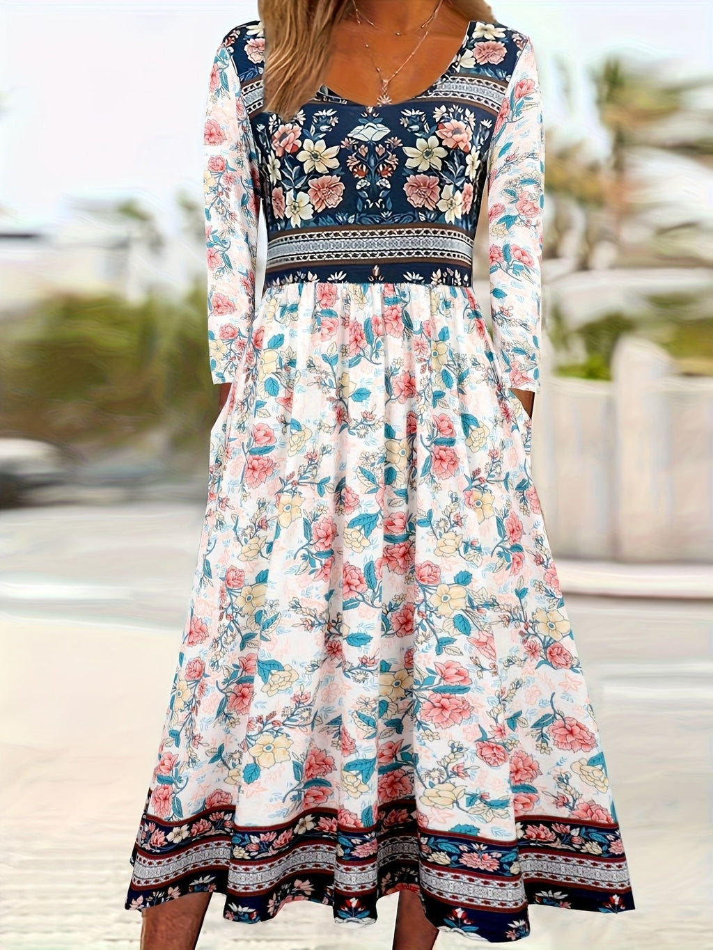 Floral Vintage Loose Crew Neck Dress With No