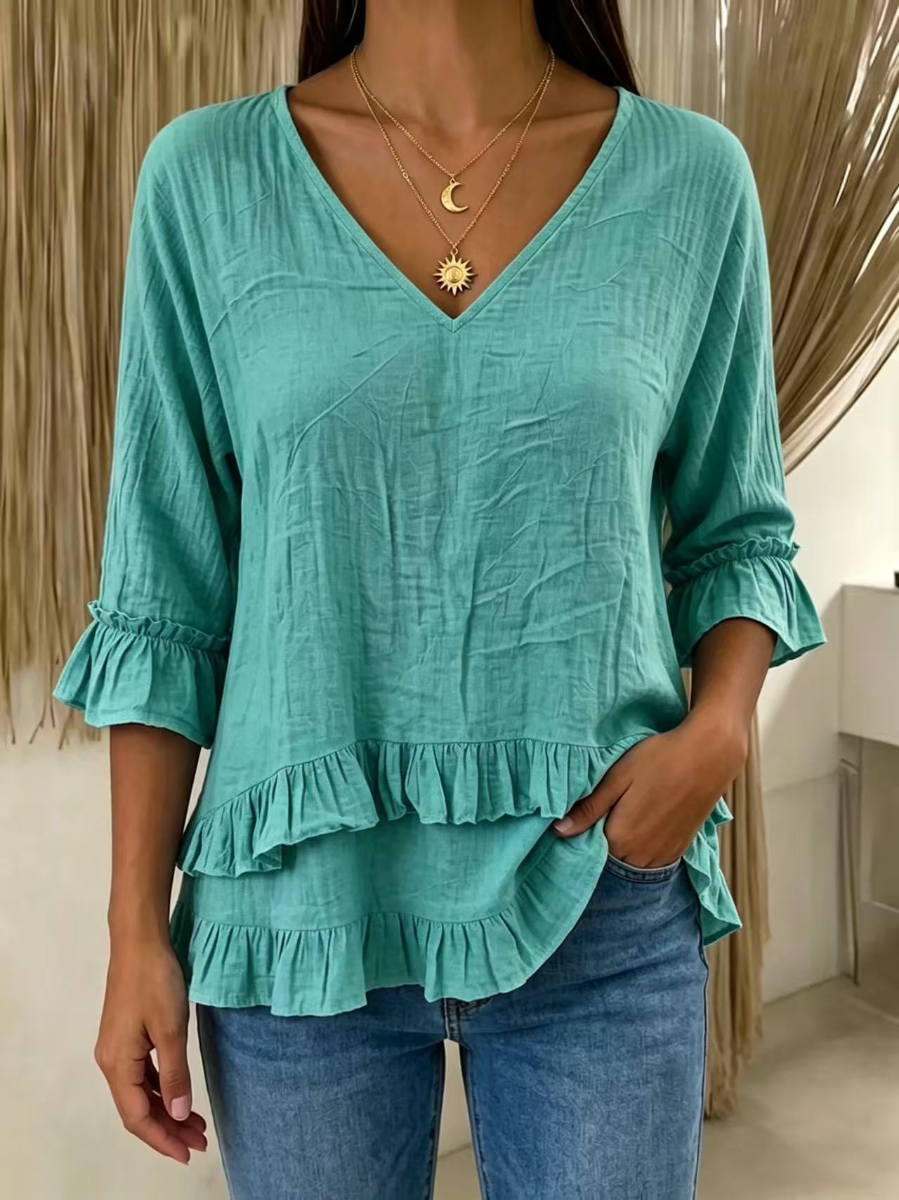 Casual Cotton And Linen V Neck The Quarter Sleeve Ruffle Hem Daily Going Out Casual Top