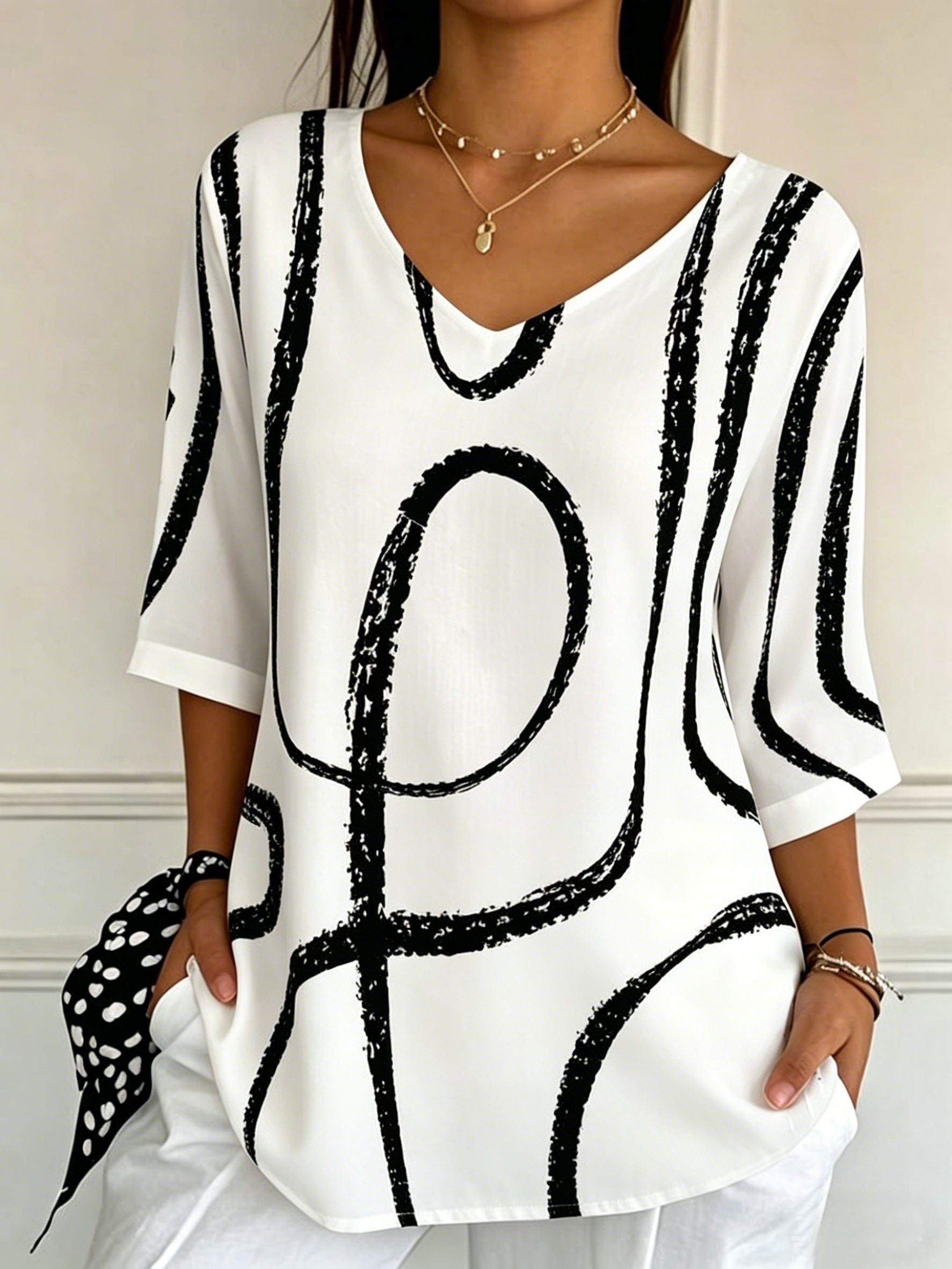 Women's Three Quarter Sleeve T-shirt Spring/Fall Vintage Abstract Geometric Print V Neck Daily Going Out Casual Top