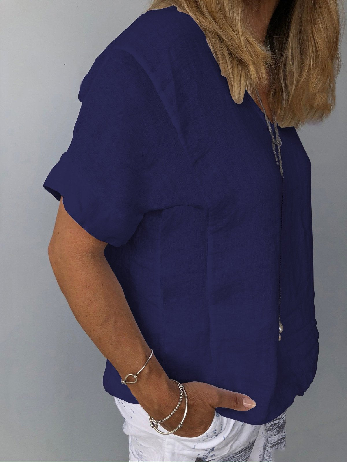 Women's V-Neck Short-Sleeve Blouse â€?Textured Linen