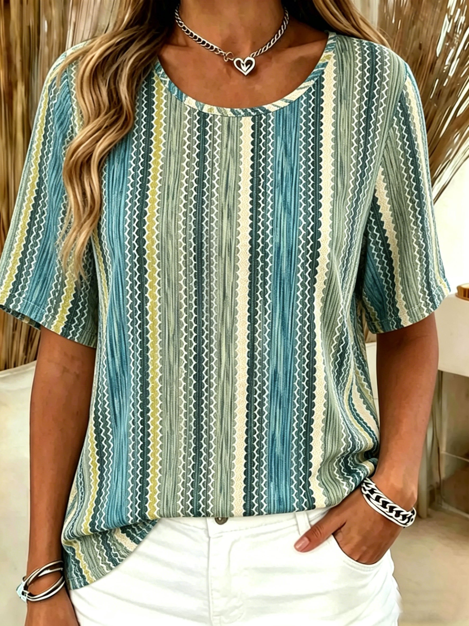 Cotton-Blend Crew Neck Short Sleeve Casual Striped T-Shirt