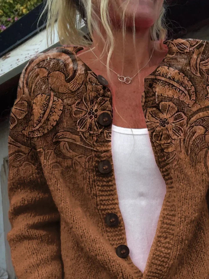 Vintage Printing Crew Neck Floral Cardigan