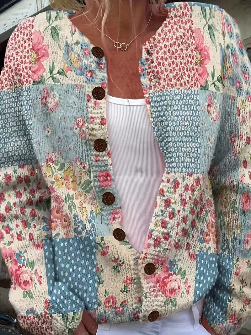 Women's Floral Print Crew Neck Button Cardigan