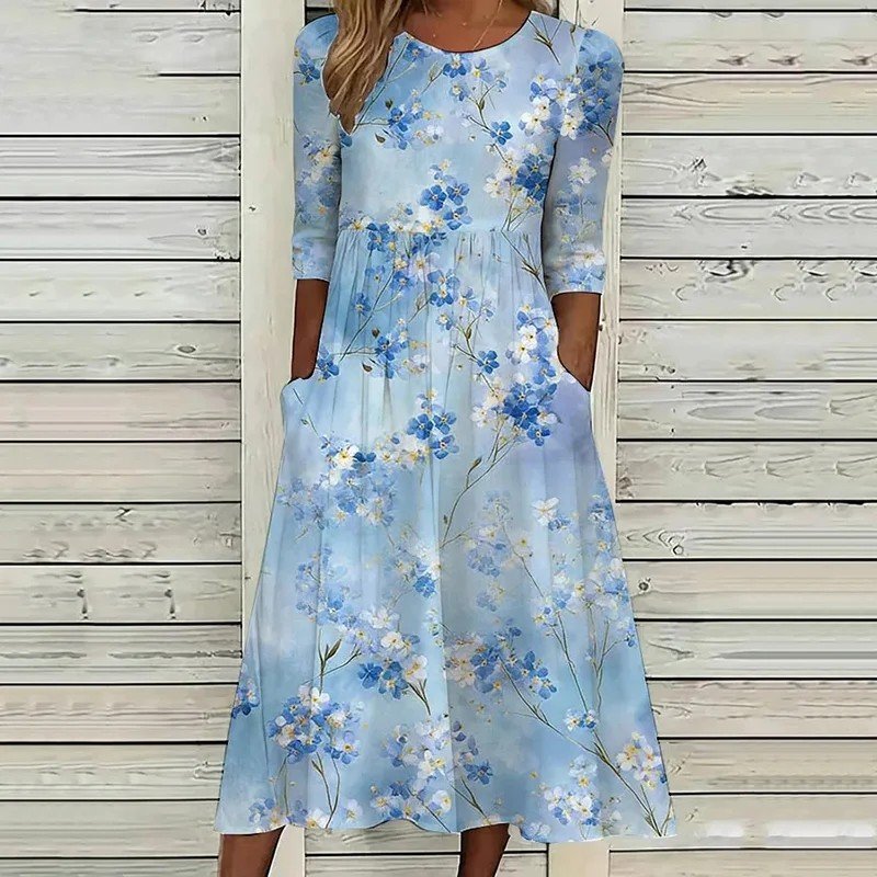 Elegant Crew Neck Floral Dress With No