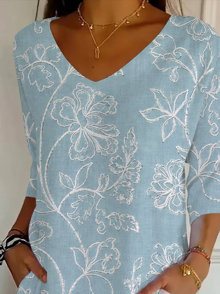 Women's Three Quarter Sleeve T-shirt Spring/Fall Blue Floral Printing V Neck Daily Going Out Casual Top