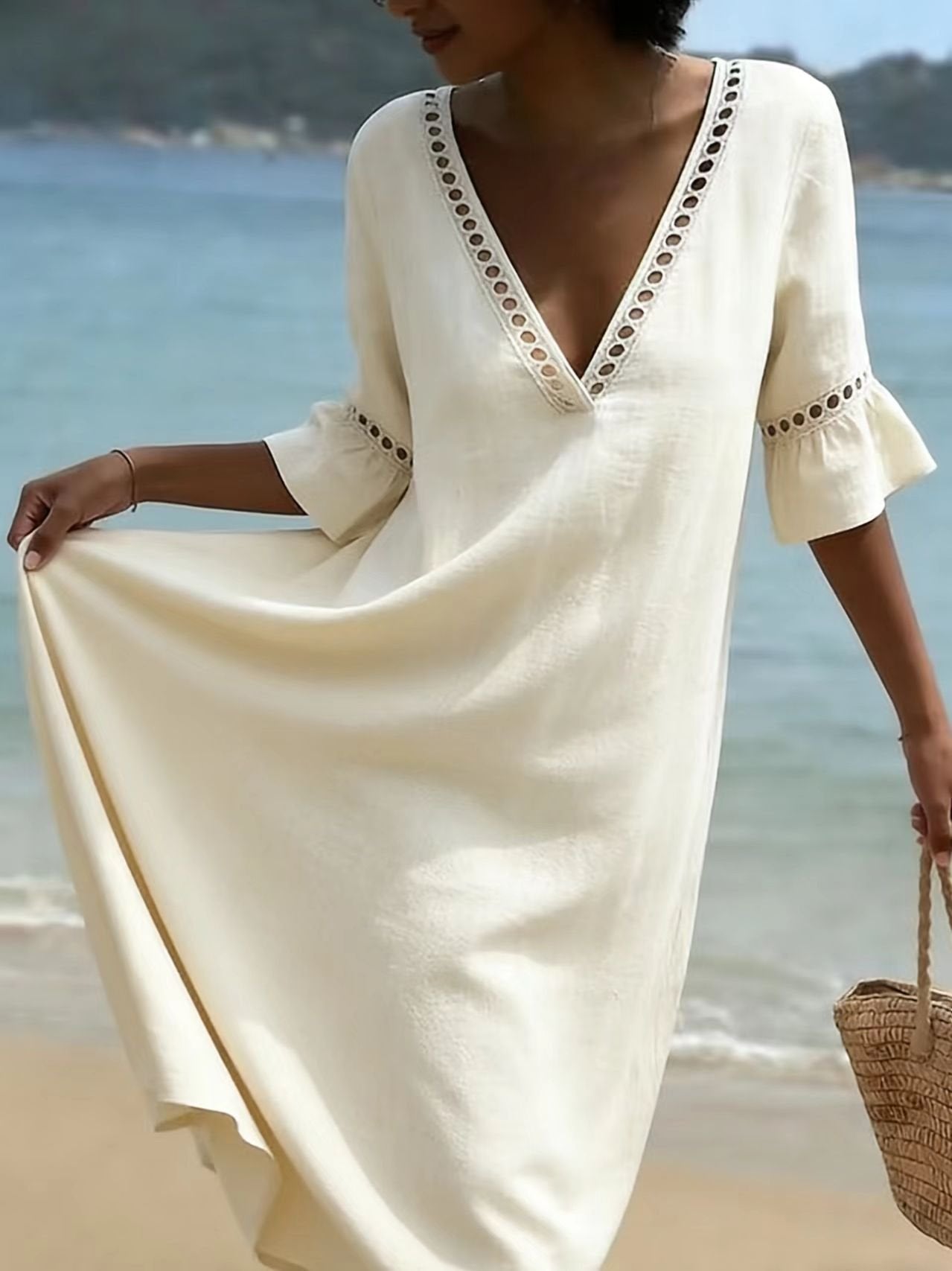 Cotton Simple Plain Loose Dress With No