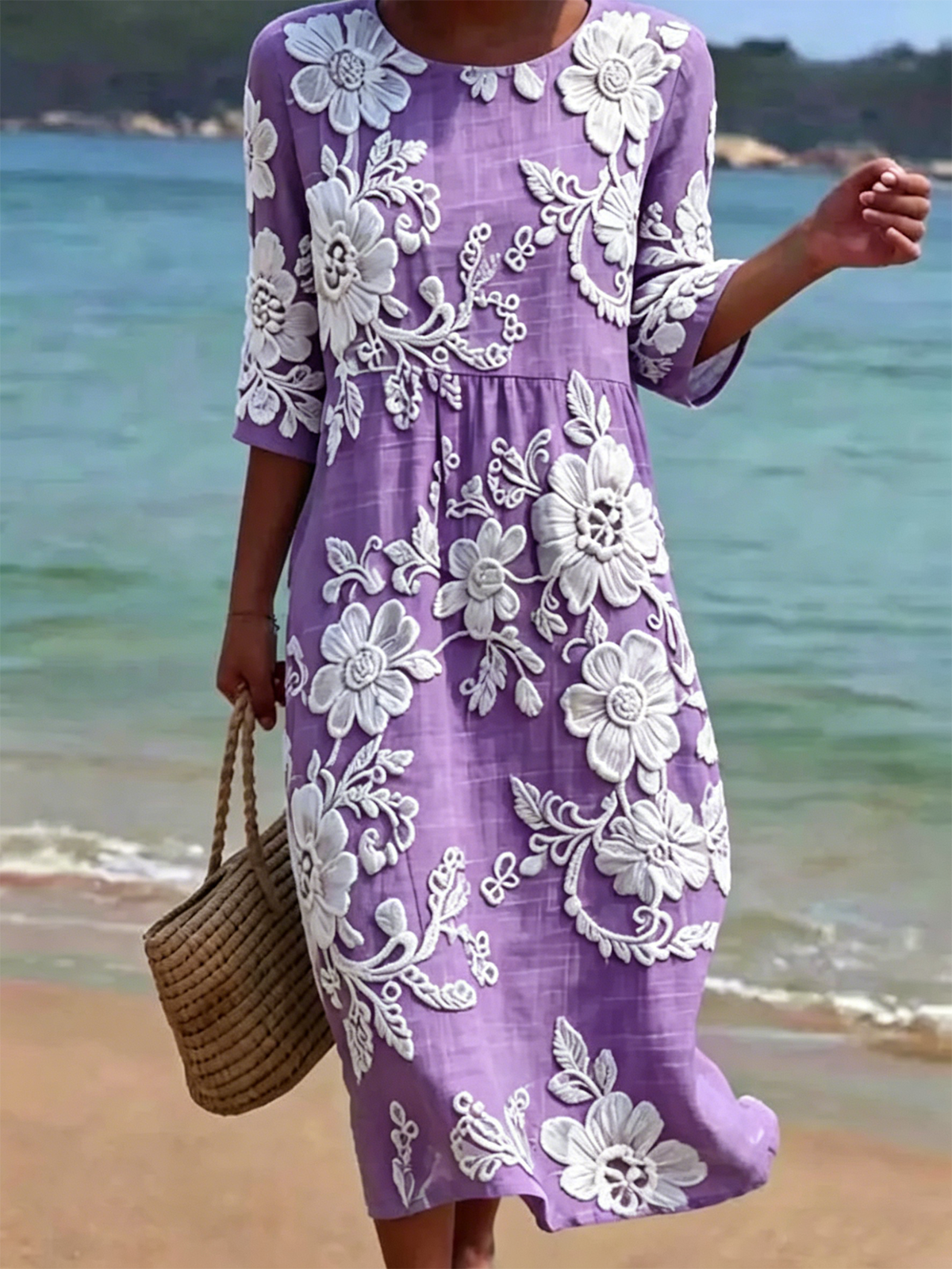 Light Blue Floral Print Half Sleeve Round Neck Midi Dress