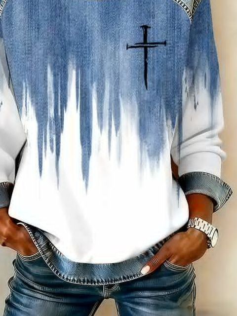 Women's Abstract Belief Print Patchwork Denim Crewneck Long-Sleeved Sweatshirt