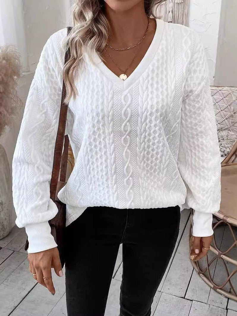 Plain Vintage Loose Fashionable And Casual Solid Color V-neck Warm Loose Long-sleeved Sweatshirt