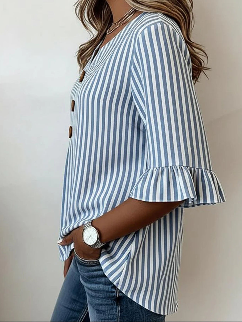 Women's Blue Striped Printed Half Ruffle Sleeve Blouse Summer V Neck Button Daily Going Out Vintage Top