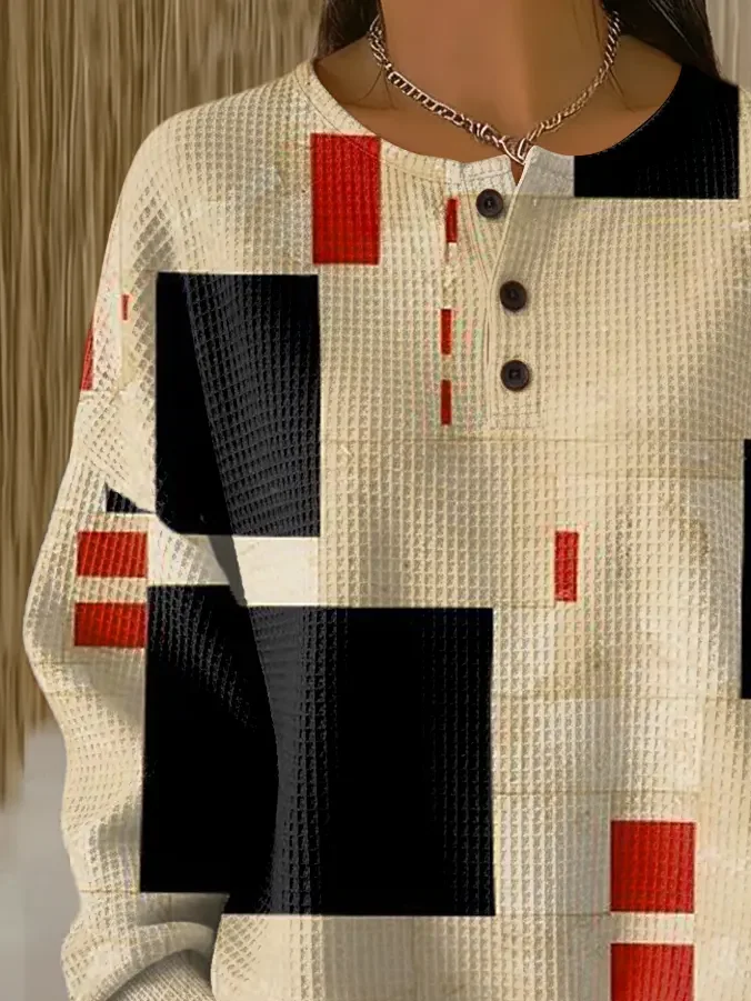 Women's Abstract Print Button-Up Casual Waffle Knit Sweatshirt