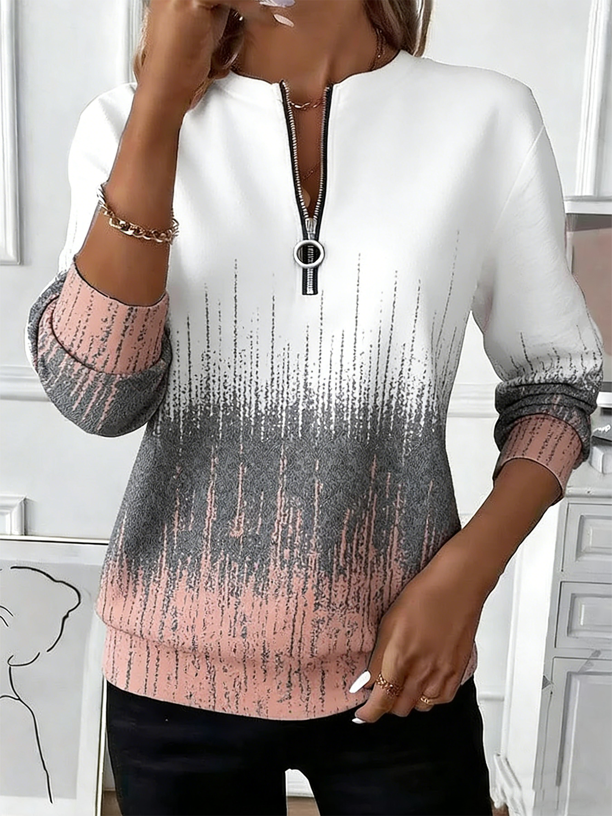 Loose Gradient Pattern Simple Crew Neck Sweatshirt