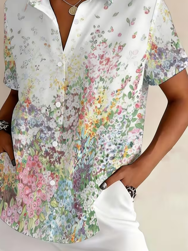 Women's Short Sleeve Shirt Summer White Floral Printing Shirt Collar Daily Going Out Casual Top
