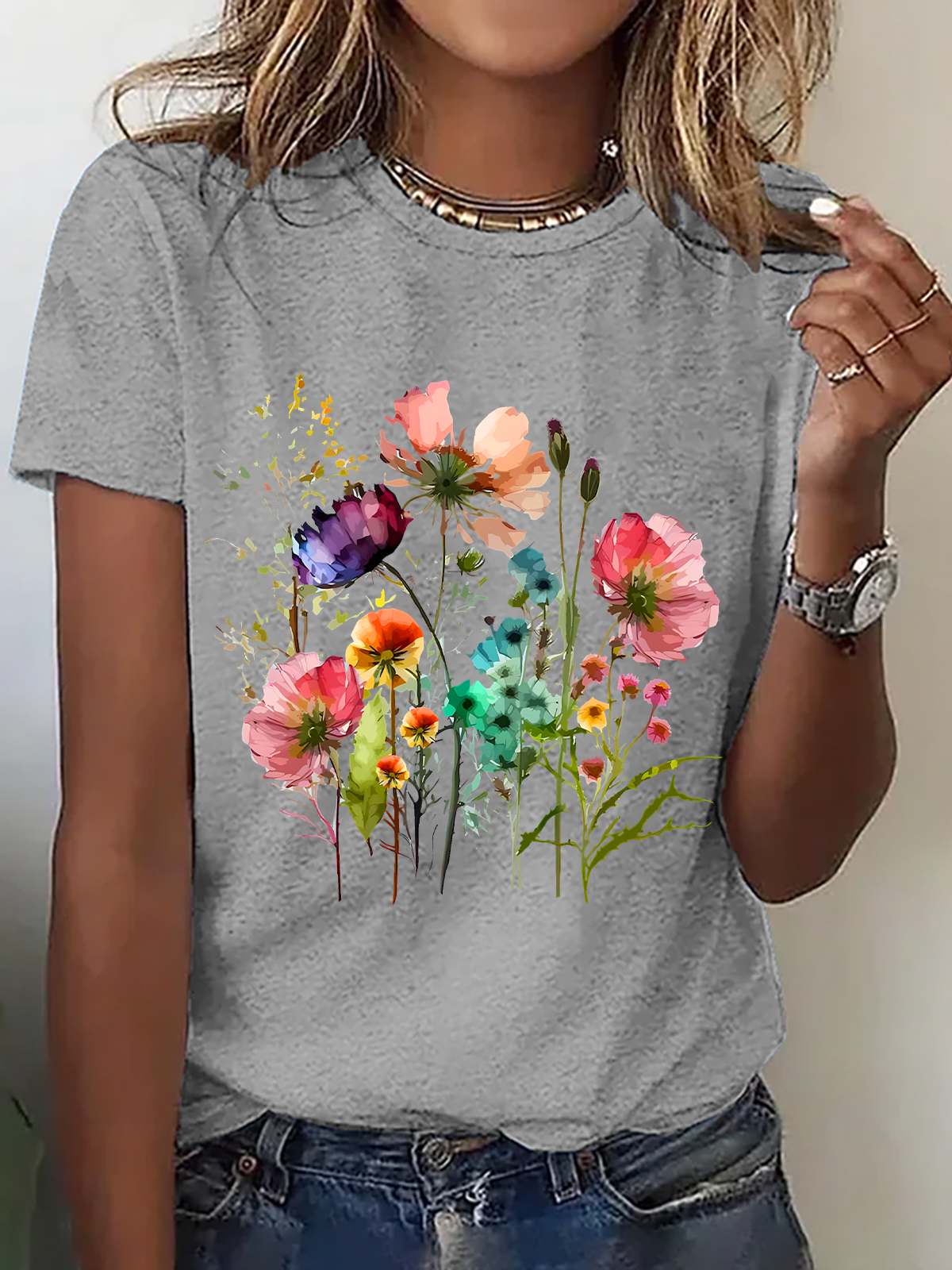 Womens Cotton Floral Crew Neck T Shirts Cotton T-Shirt