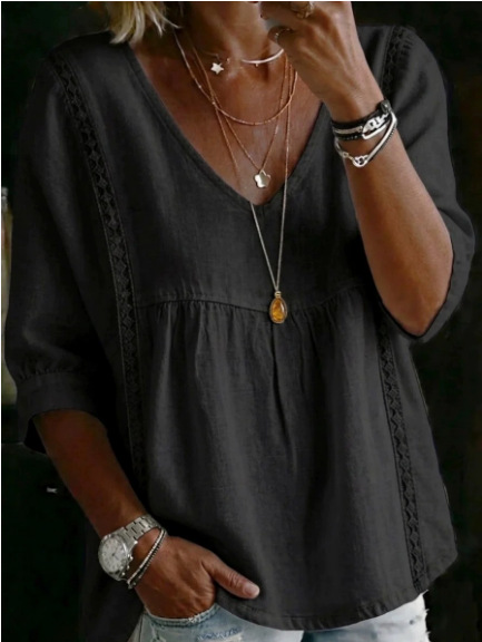 Plain Lace Trim The Quarter Sleeve V Neck Casual Blouse