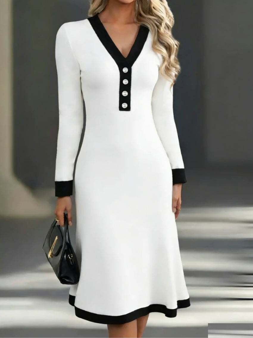 Women's Black Long Sleeve White Trim V Neck Midi Dress Elegant Bodycon Dress